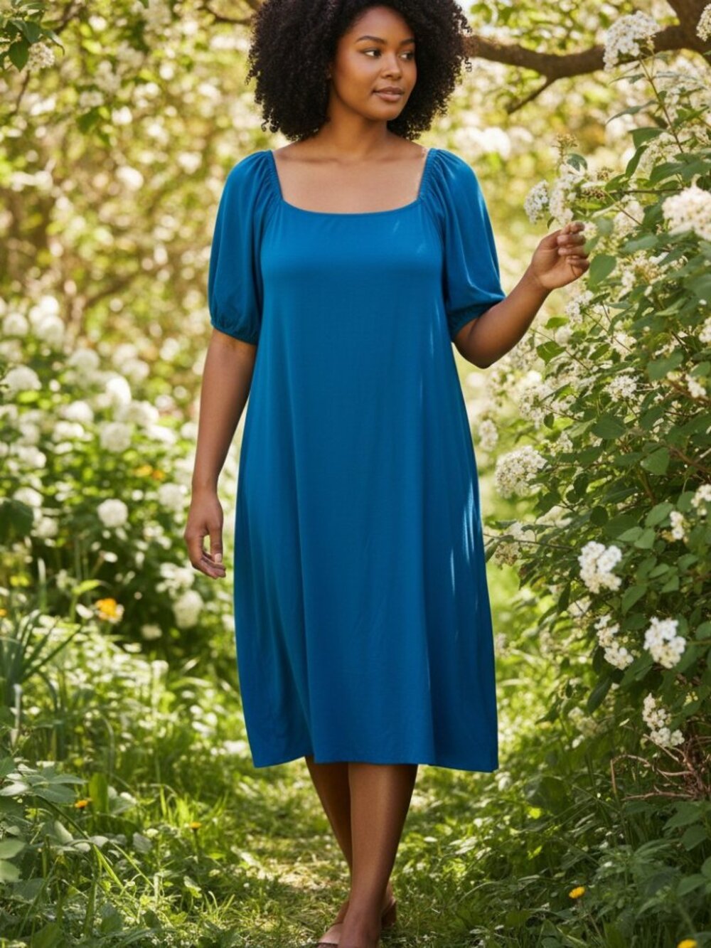 Miss Alfa Womens size L Blue Puff Sleeve lined Midi Dress with pockets